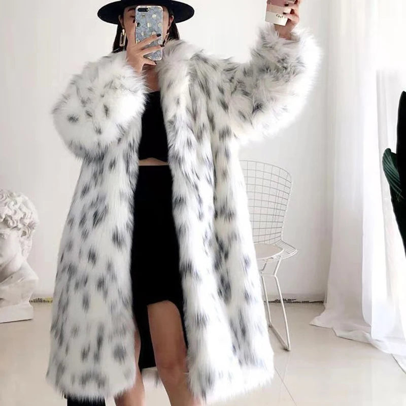 Faux Fox Fur Plus Size Coat  Mid Length Long Sleeve Jacket Casual Loose Cardigan Fur Coat Women White Fleece High Quality Coat