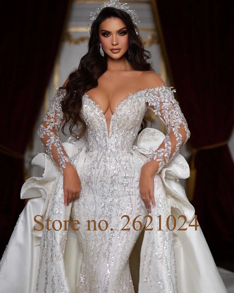 All Over Shiny Beading Crystal Sequins Long Sleeve 2 pieces Mermaid Wedding Dress With Gorgeous Detachable Train