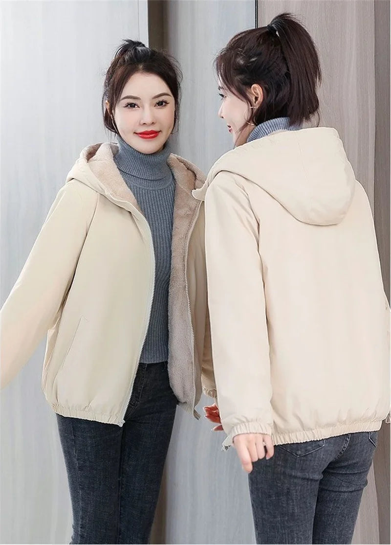 Add Velvet Padded Coat Women 2024 Winter Hooded Outerwear Ladies Warm Cotton-Padded Jacket New Fashion Overcoat Short Female Top