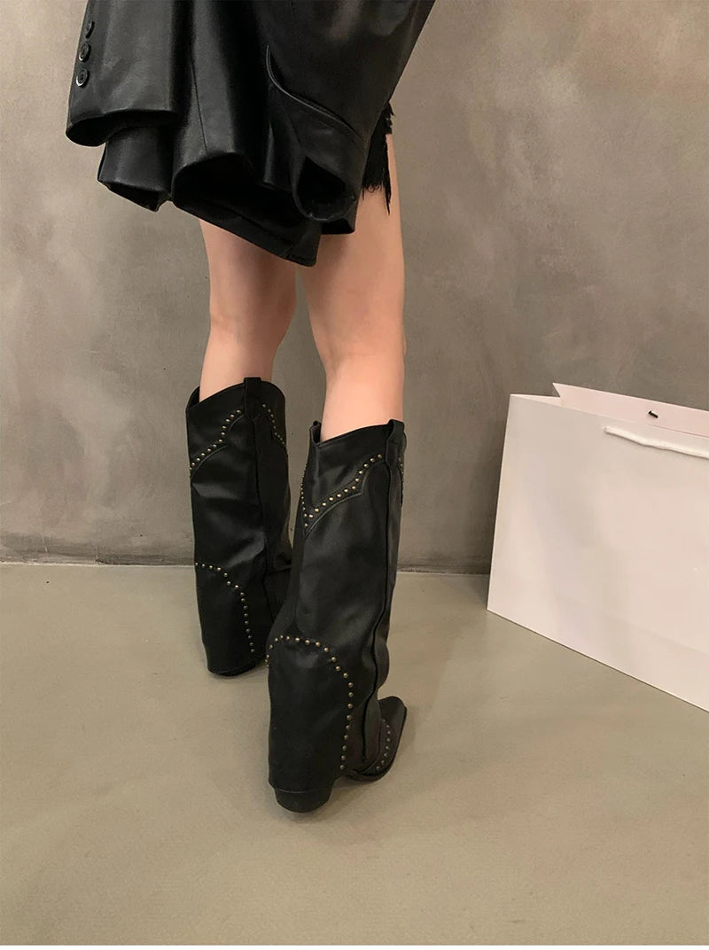 Autumn Winter Women Knee-High Boots Retro Style Western Knight Booties Pointed Toe Square Heels Female Shoes