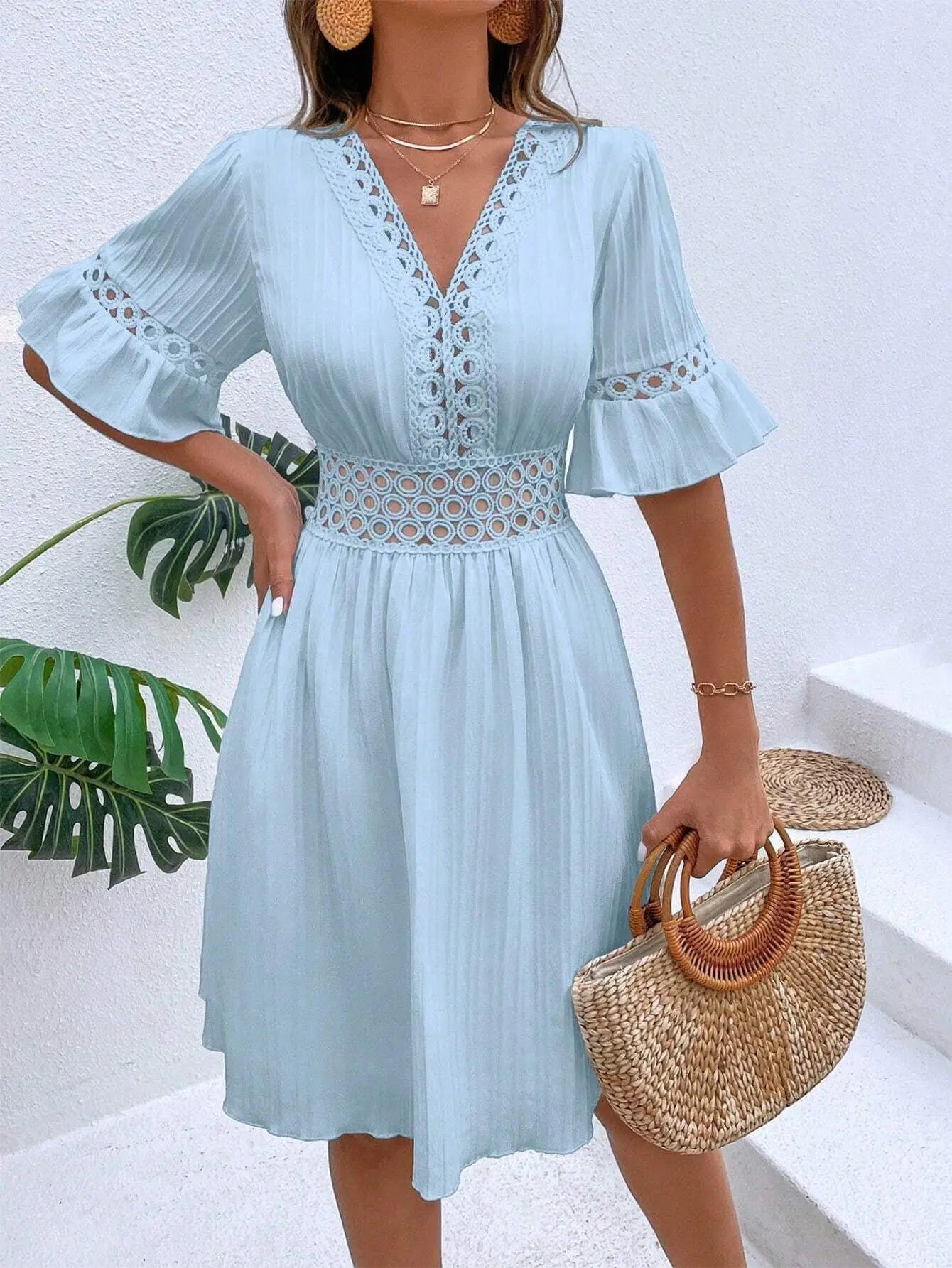 Elegant Women's Midi Dress 2024 Summer New Spliced Lace Fashion V-neck Waistband Solid White Dress Vacation