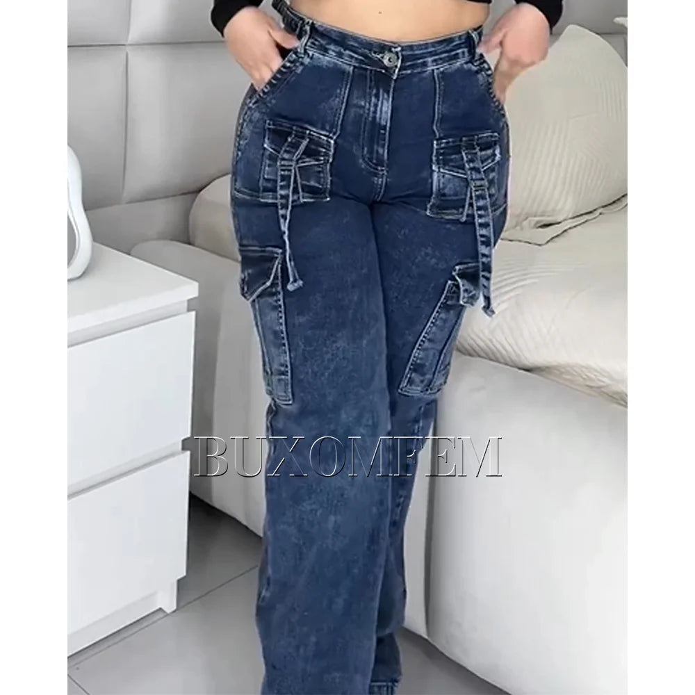 2024 Multi-Pocket Cargo Jeans Women's Wide Leg Pants Unique New High Waist Trousers Y2k Streetwear Bagger Pants for Large Sizes