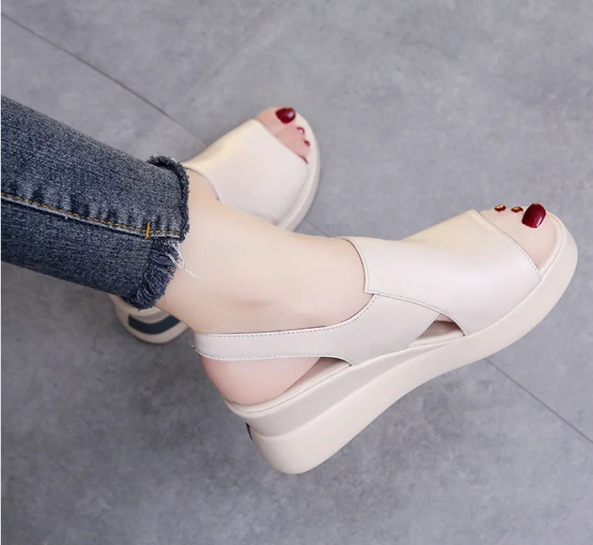 Thick-soled Wedge Sandals Women 2022 New Summer High-heeled Fish Mouth Women's Shoes Soft Leather High Platform Shoes Slippers