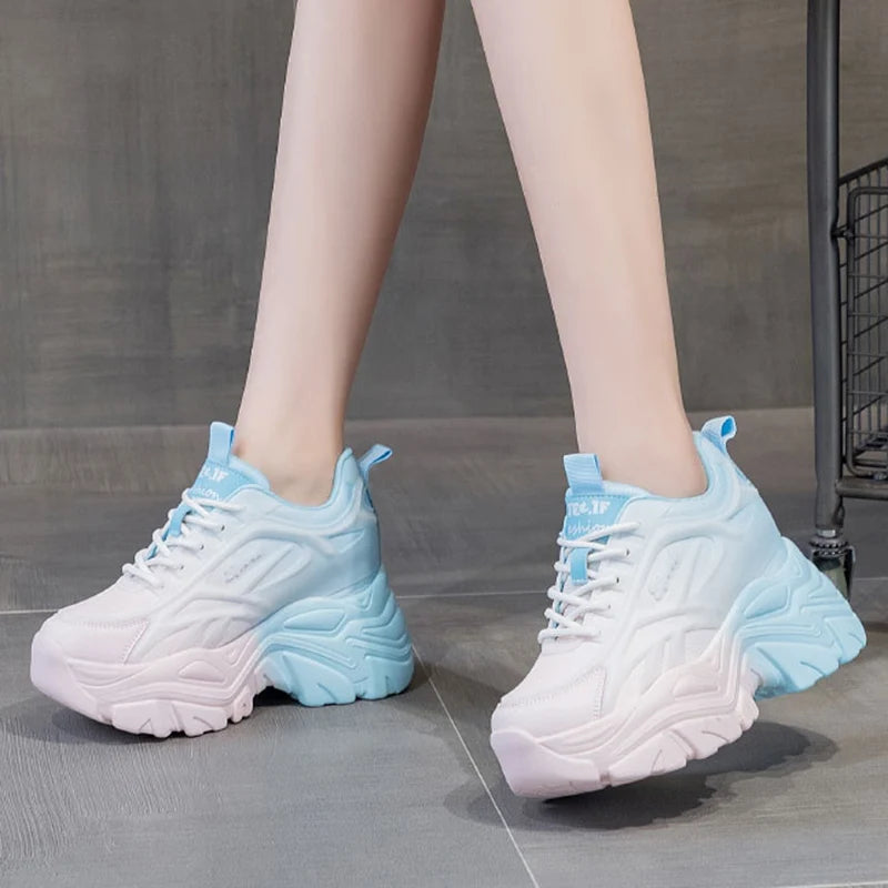 Women's Mix Color Chunky Sneakers 2023 Spring Breathable Mesh Platform Sports Shoes Woman Lace Up Thick Sole Casual Shoes Mujer