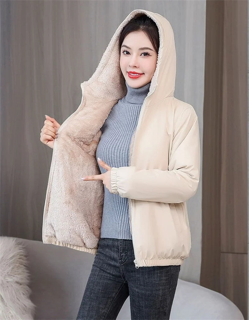 Add Velvet Padded Coat Women 2024 Winter Hooded Outerwear Ladies Warm Cotton-Padded Jacket New Fashion Overcoat Short Female Top