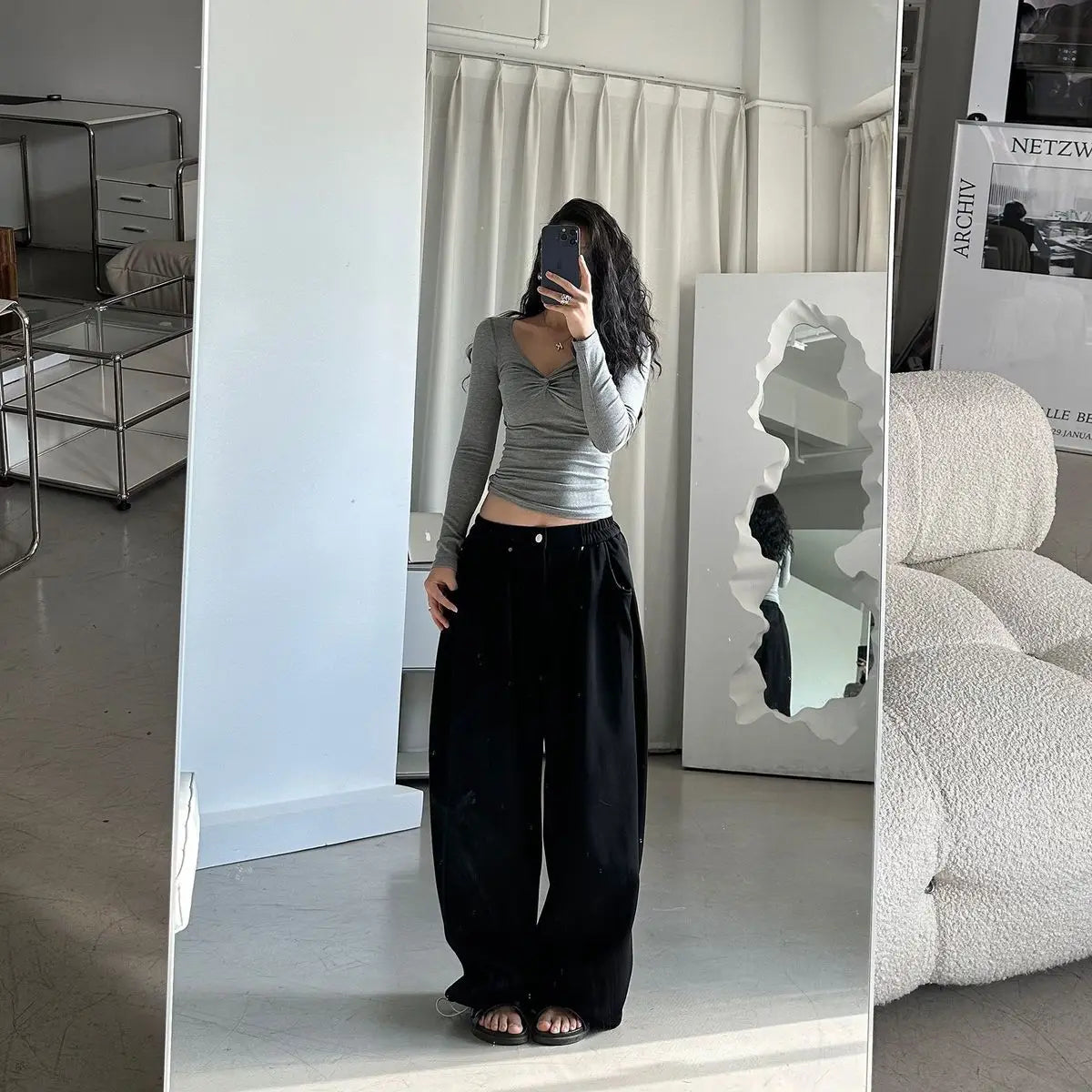 QWEEK Oversized Women Grey Sweatpants Y2k America Style Retro Baggy Pants Casual Sports Streetwear Hip Hop Trousers Joggers