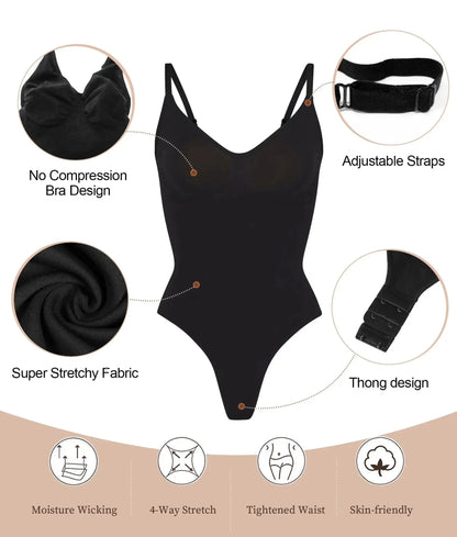 V-Neck Spaghetti Strap Bodysuit – Slimming Open-Crotch Shapewear for Women