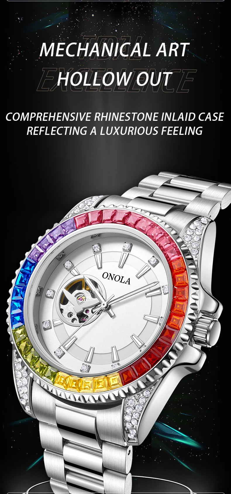 Fashion Colored Diamond Hollowed Out Watch for Men ONOLA Fully Automatic Mechanical Precision Strap for Men's Watch Clock