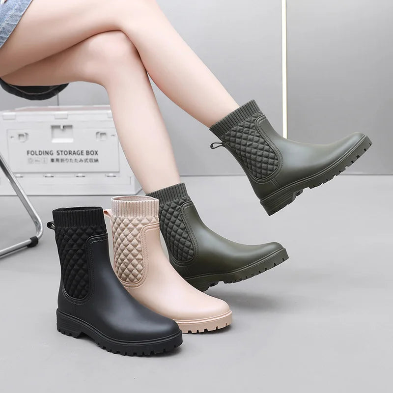 Rainboots Women New Plaid Casual Women's Boots Fashion Mid-Calf Rain Boots Water Shoes Women's Slip-On Mid-tube Adult Rainboots