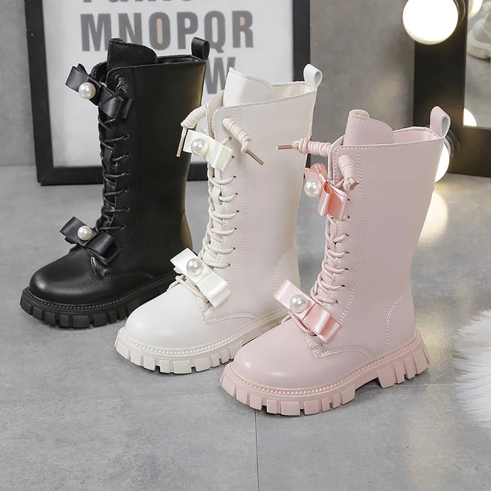 Winter Long Boots For Girls Luxury Pearl Bow Teenager Girl's Fashion Boots Faux Fur Thick Warm Cotton Snow Boots For Girls