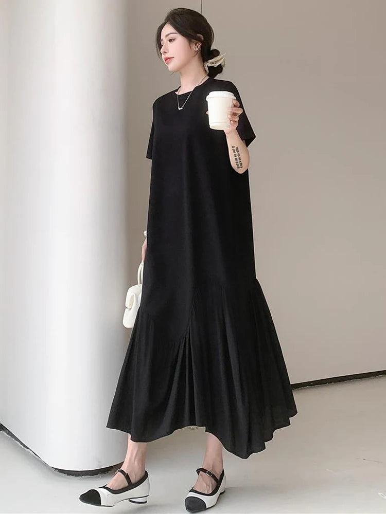 NYFS 2024 Summer New Korea Irregular Woman Dress Vestidos Robe Elbise Loose Plus Size Patchwork Short Sleeve Long Dress