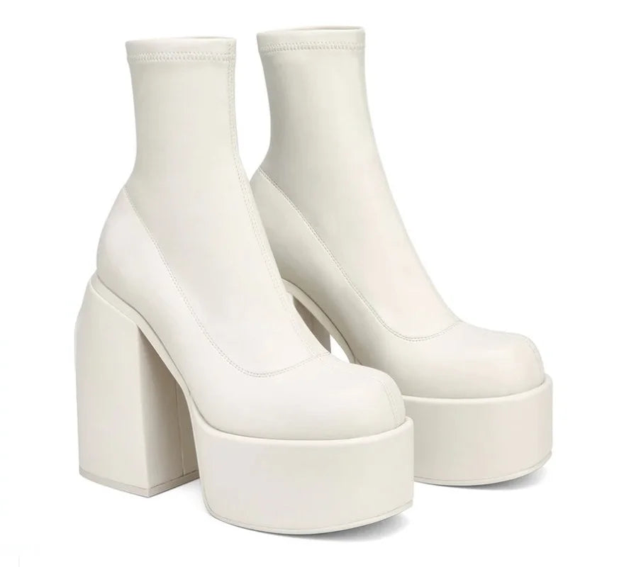 2022 Autumn Winter Round Toe Ladies Matin Boots Jeans Platform  Boots Chunky Heels Boots White Women's Shoes Big Size 41 42