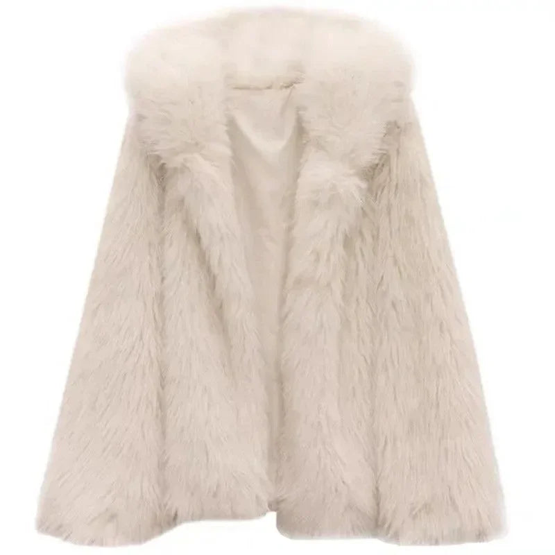 Trendy Hooded Faux Fox Fur Coats super Warm Winter Furry Jacket Women Streetwear Plush Clothing Loose Casual Whiter Chaquetas