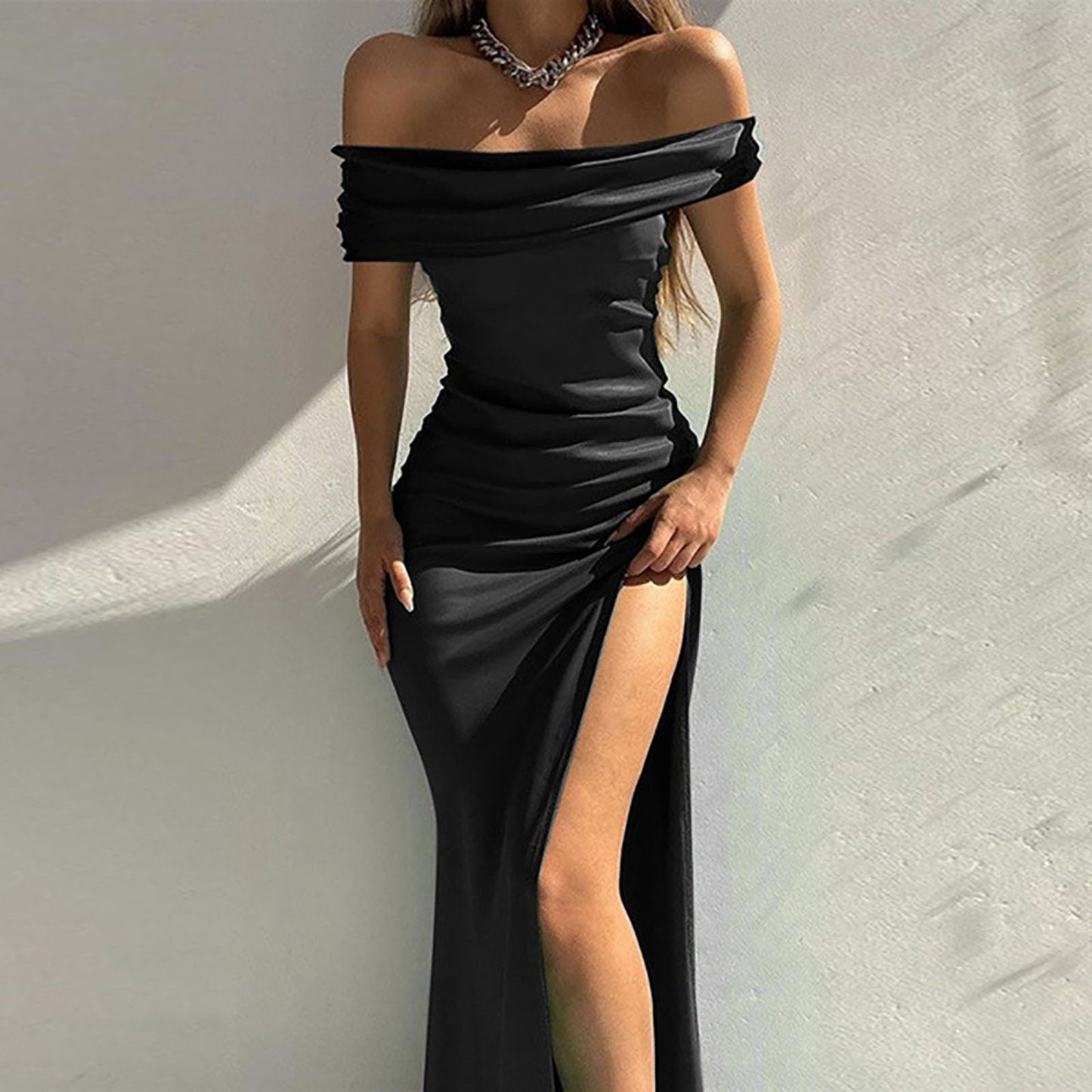 Women's Formal Dresses Fashion Solid Color Off Shoulder Satin Slim Side Slit Midi Dress Elegant Party Evening Dress For Women