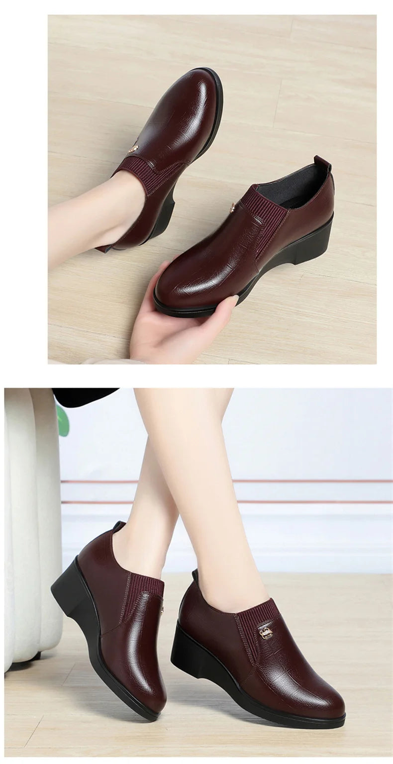 4.5cm Comfortable Deep Mouth Soft Leather Shoes Flexible Loafers Women 2024 Spring Platform Wedges Shoes for Office Mom Work