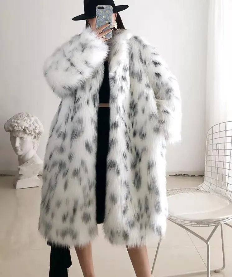 Faux Fox Fur Plus Size Coat  Mid Length Long Sleeve Jacket Casual Loose Cardigan Fur Coat Women White Fleece High Quality Coat