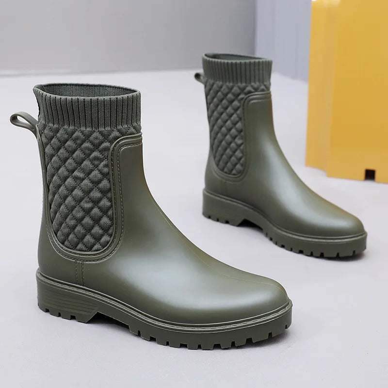 Rainboots Women New Plaid Casual Women's Boots Fashion Mid-Calf Rain Boots Water Shoes Women's Slip-On Mid-tube Adult Rainboots