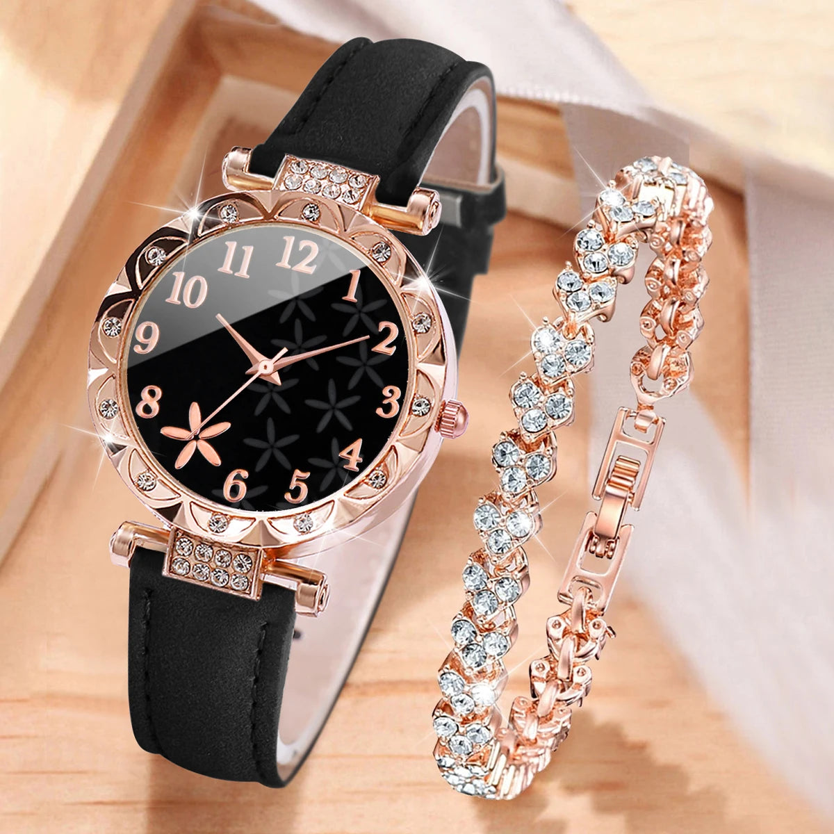 2PCS/Set Women's Watches Fashion Flower Rhinestone Leather Band Analog Quartz Watch Rhinestone Bracelet Set