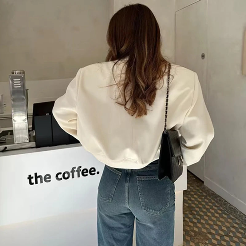 Autumn Winter Button Baseball Aviator Cropped Jackets for Women Bomber Jacket Coat Solid Black White Long Sleeve Crop Outerwear