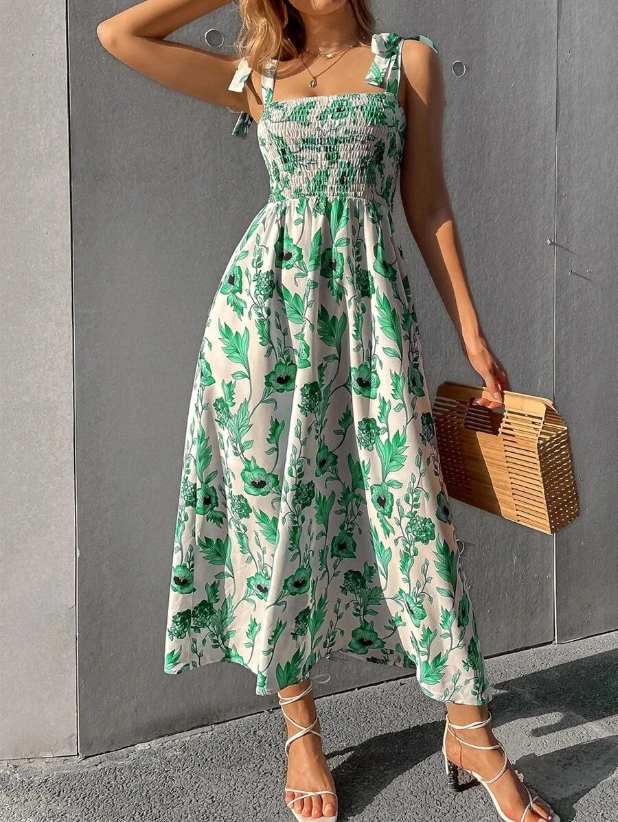 Floral Long Dress Women Fashion Backless Sleeveless Bandage Beach Sundress Casual Green Summer Ladies New In Dresses 2023