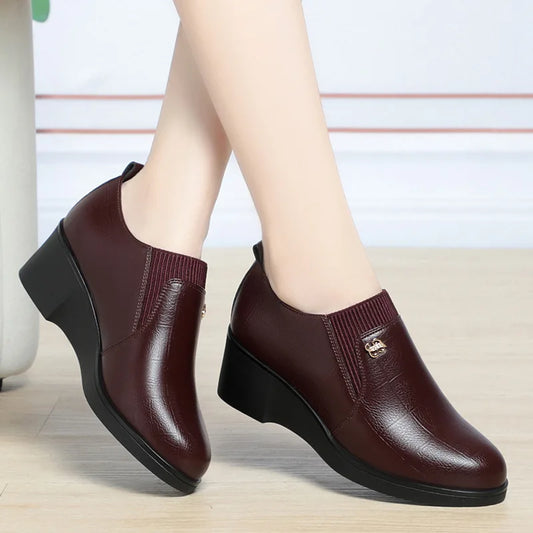 4.5cm Comfortable Deep Mouth Soft Leather Shoes Flexible Loafers Women 2024 Spring Platform Wedges Shoes for Office Mom Work