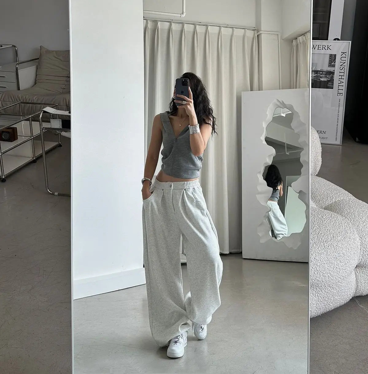 QWEEK Oversized Women Grey Sweatpants Y2k America Style Retro Baggy Pants Casual Sports Streetwear Hip Hop Trousers Joggers