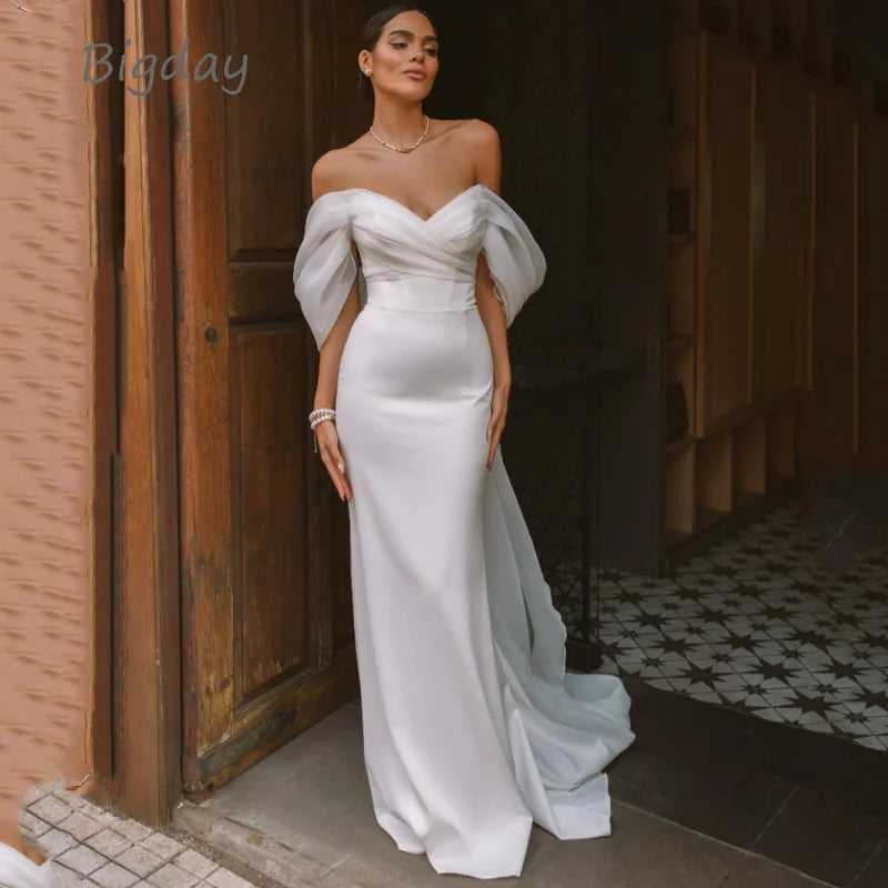 Elegant Sweetheart Mermaid Wedding Dress Women White Off The Shoulder Open Back Satin Bridal Gown Sweep Train Vestidos De Novia