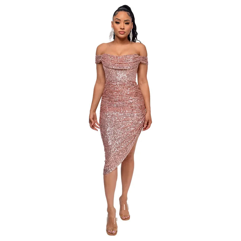 Plus Size Women Sexy Off Shoulder Sequin Bodycon Knee Length Dress Evening Summer 2024 Fashion Party Club Prom Dresses Xiny618