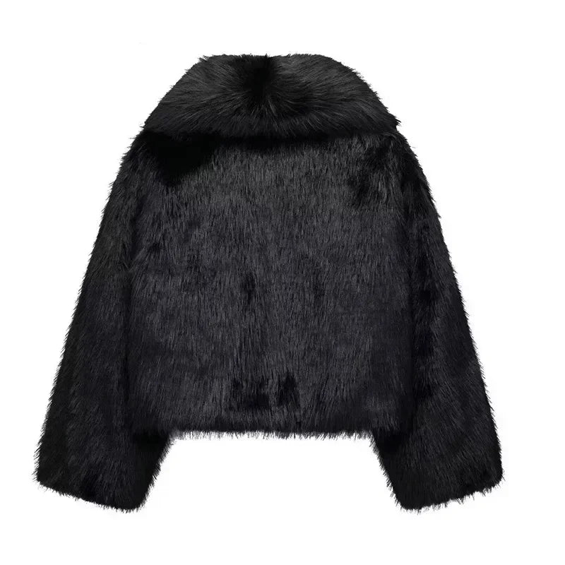 Black Fluffy Faux Fur Jackets Women Loose Furry Turn Down Collar Long Sleeve Coats Female Winter Vintage Warm Lady Overcoat