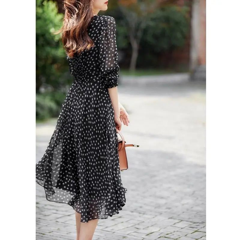 Polka Dot Print Chiffon Elegant Dresses for Women 2023 Summer New Vintage Fashion V-Neck Half Sleeve Casual Ladies Midi Dress