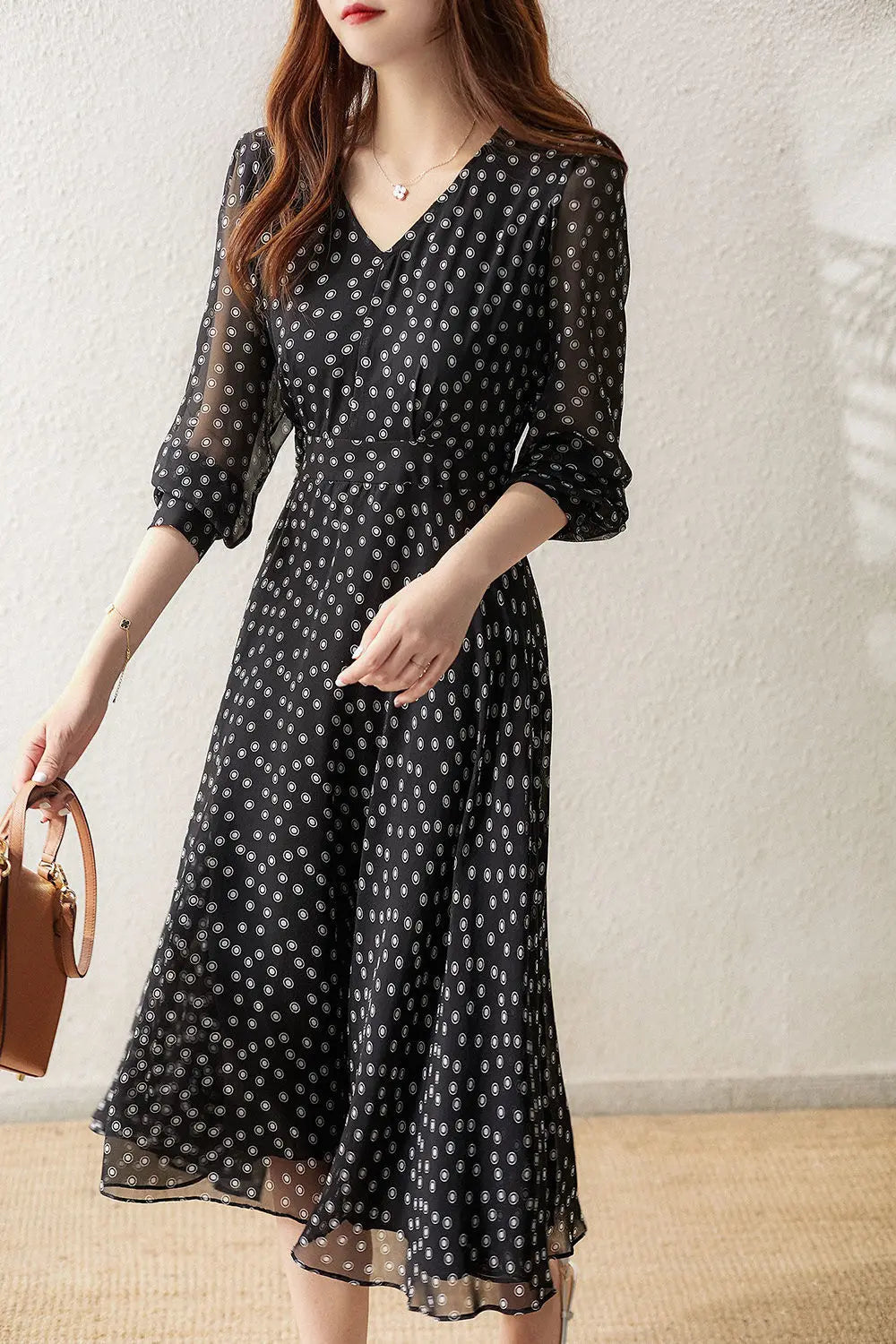 Polka Dot Print Chiffon Elegant Dresses for Women 2023 Summer New Vintage Fashion V-Neck Half Sleeve Casual Ladies Midi Dress