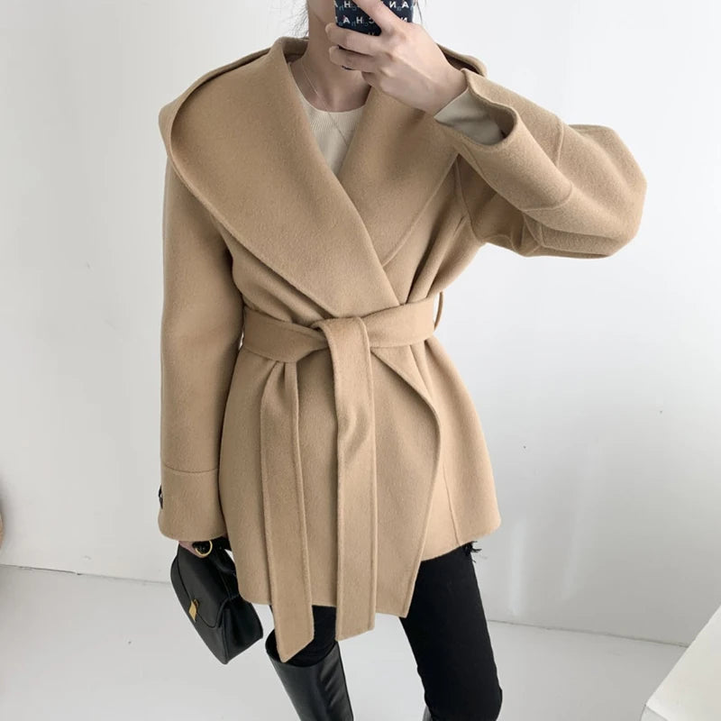 Elegant Wool Blends Coats Women Korean Black Hooded Woolen Jackets Ladies Fashion Bandage Overcoat Winter Commute Outerwears New