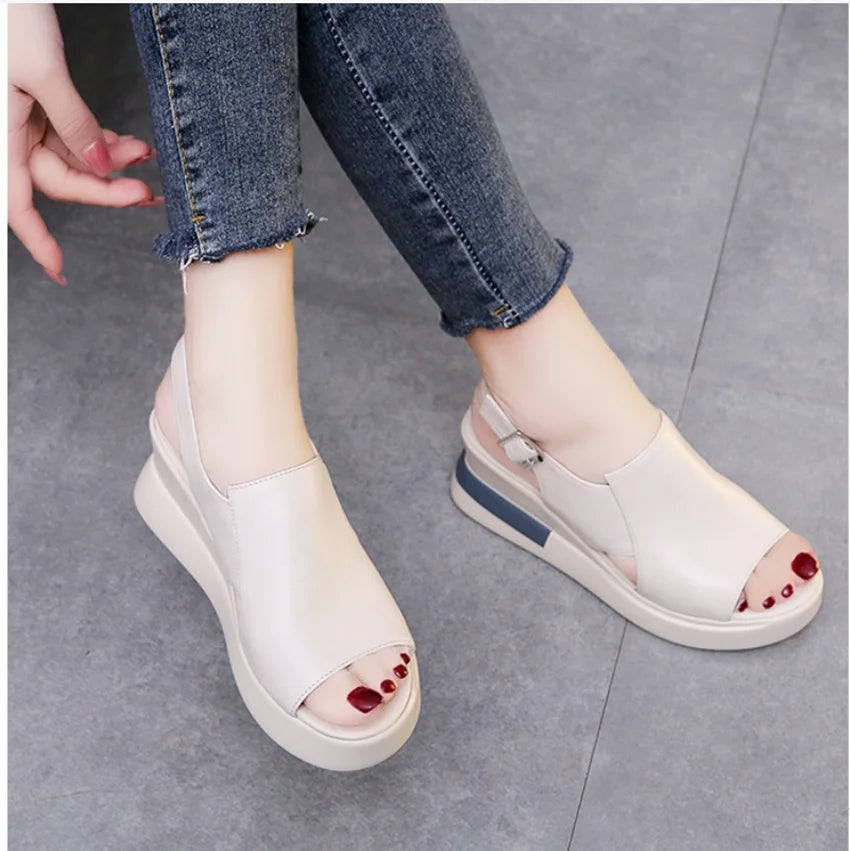 Thick-soled Wedge Sandals Women 2022 New Summer High-heeled Fish Mouth Women's Shoes Soft Leather High Platform Shoes Slippers