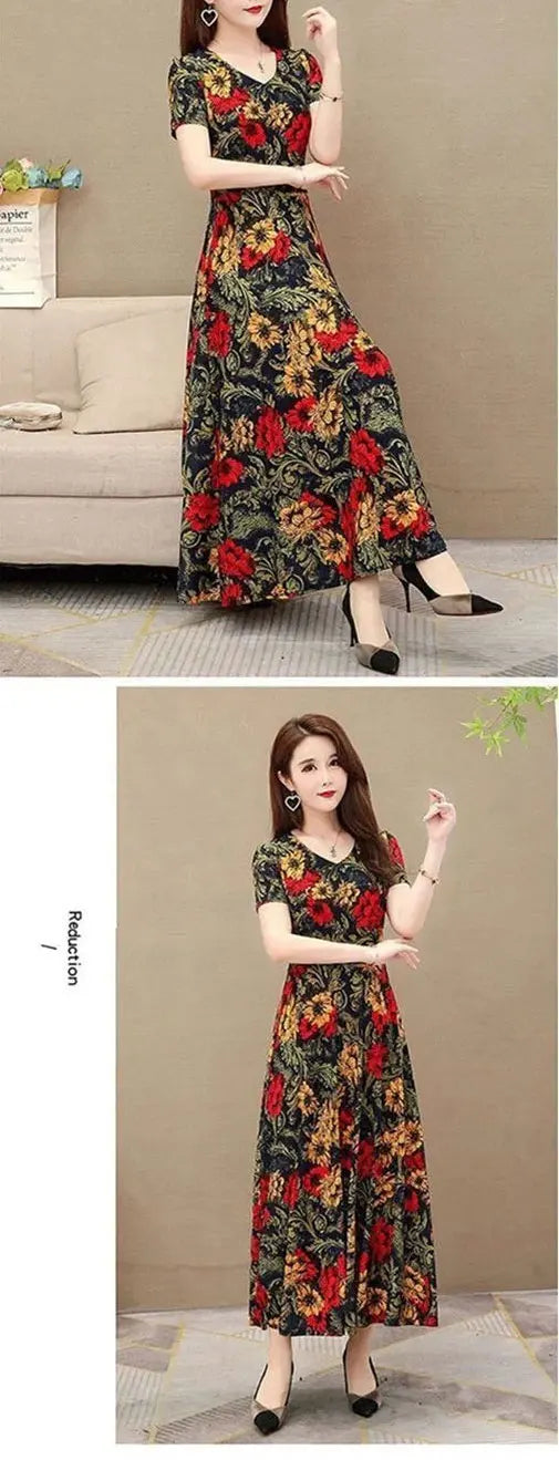 Office Lady Geometric Vintage Floral Printed Midi Dress 2023 Summer A-Line Stylish Spliced Women's Clothing Casual Loose Dresses