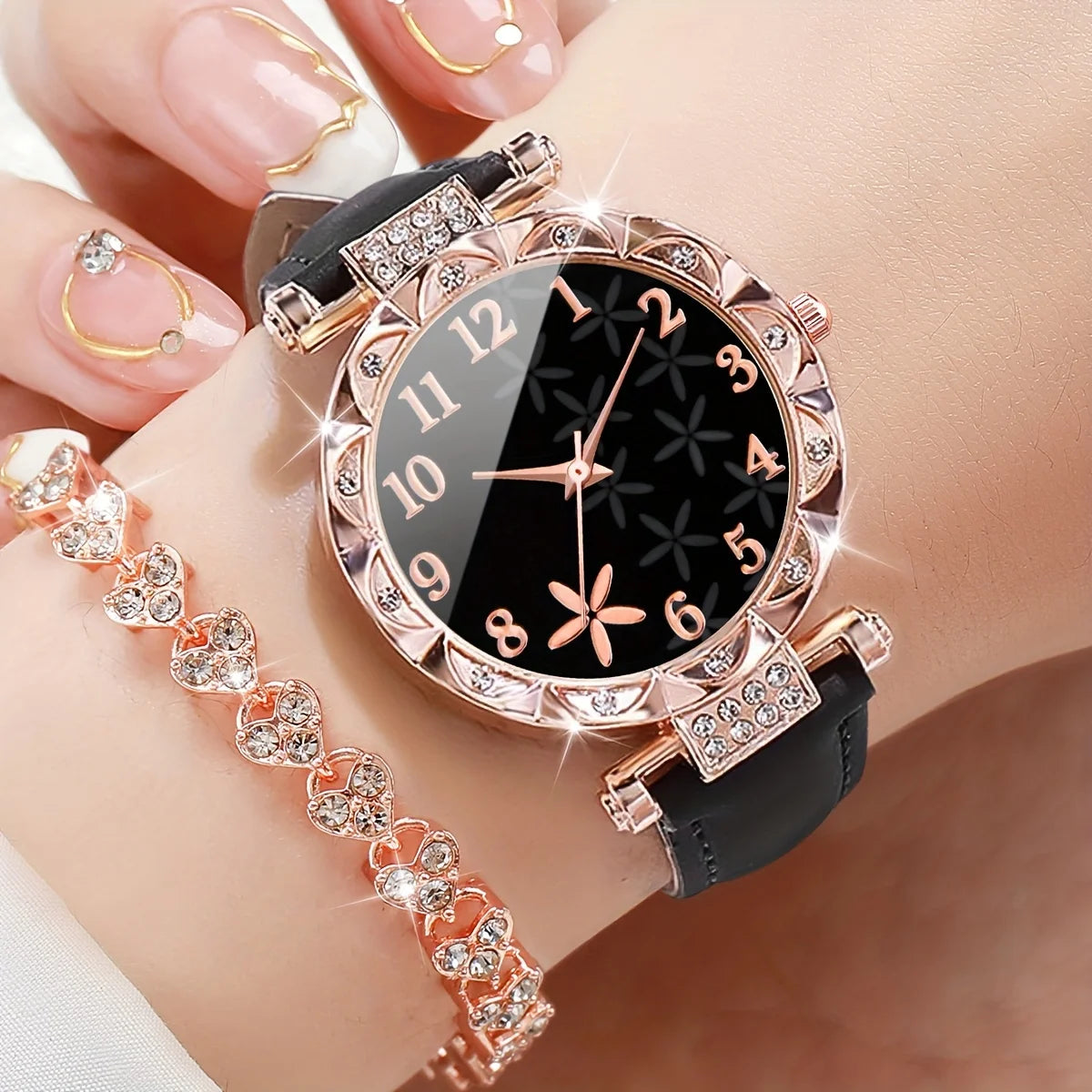 2PCS/Set Women's Watches Fashion Flower Rhinestone Leather Band Analog Quartz Watch Rhinestone Bracelet Set