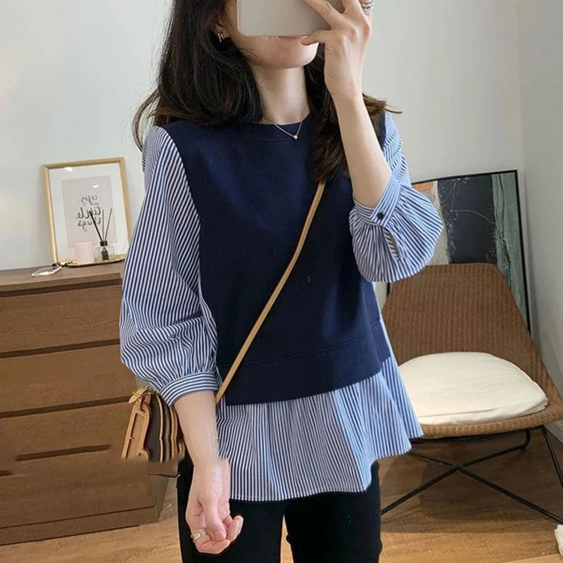 Autumn Winter Round Neck Striped Patchwork Loose Casual Sweatshirt Top Women 3/4 Sleeve Jumper All-match Pullover Female Clothes