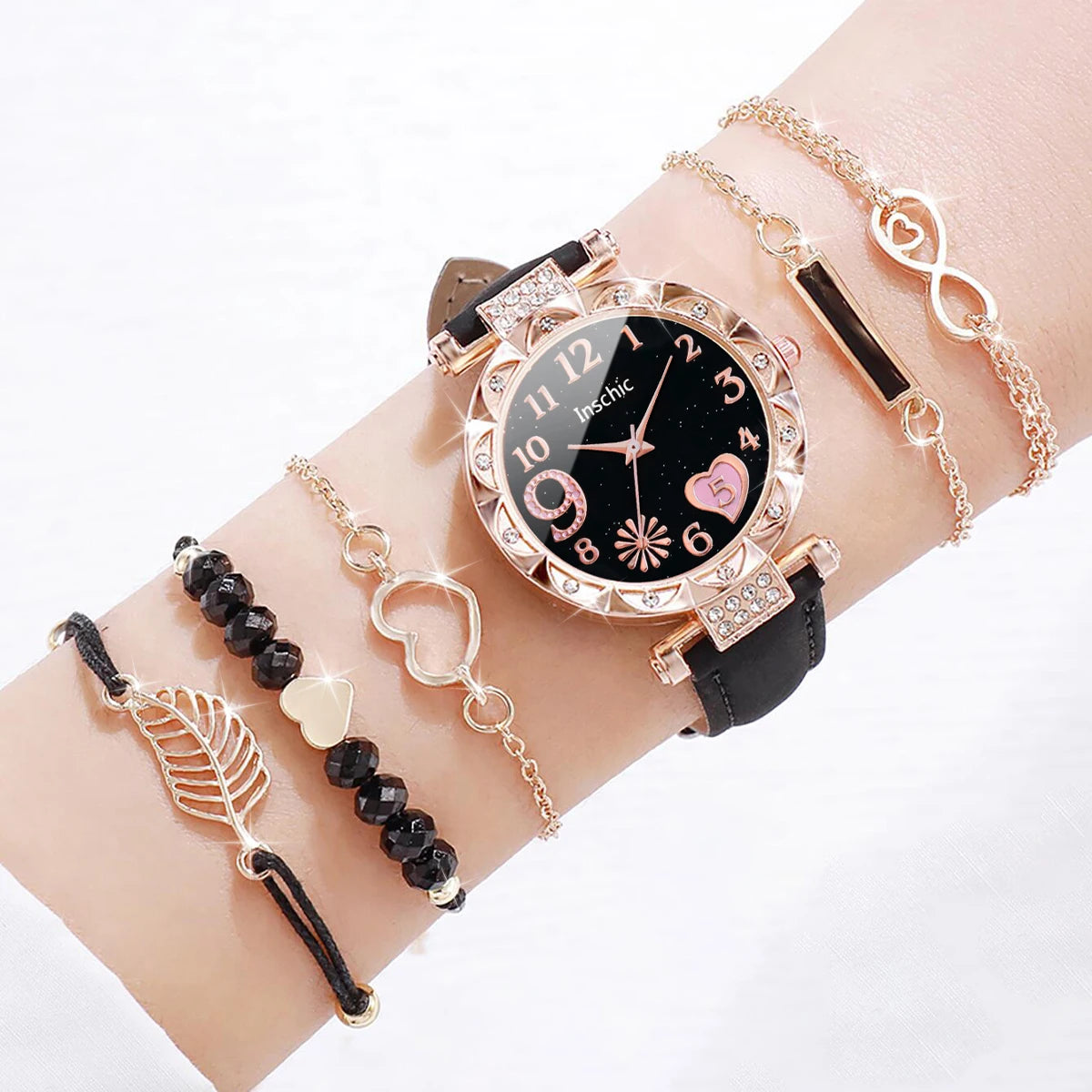 6PCS/Set Women's Watches Fashion Rhinestone Heart Dial Leather Band Quartz Watch Leaf Bracelets Set(Without Box)