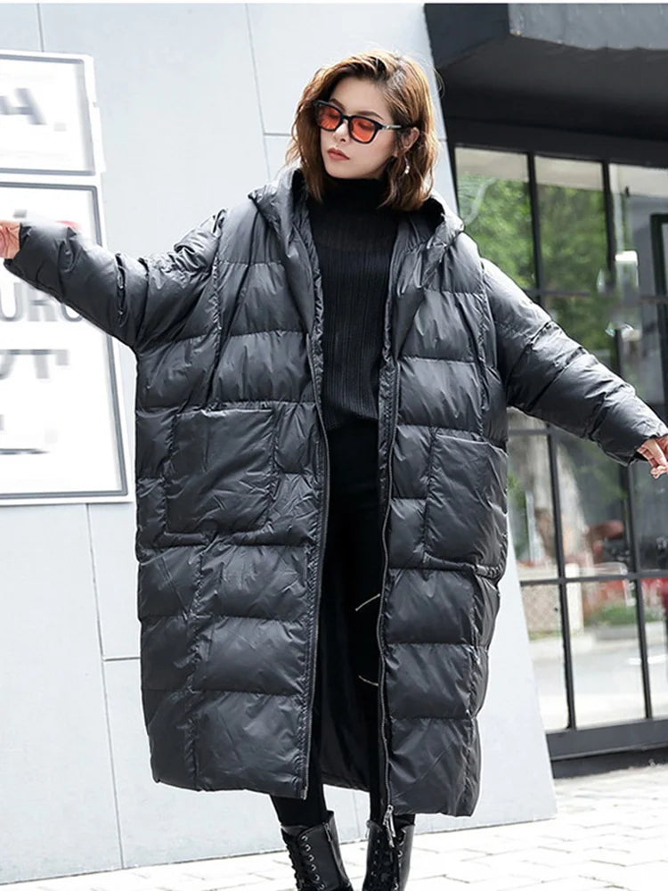 [EAM] Big Size Long Hooded Cotton-padded Coat Long Sleeve Loose Fit Women Parkas Fashion Tide New Autumn Winter 2024 JD1210