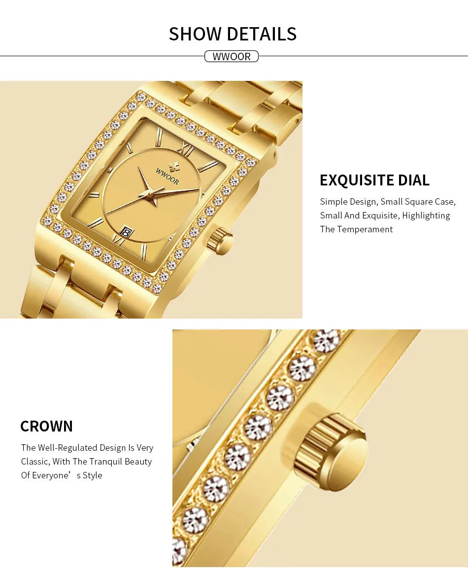 WWOOR Reloj New Fashion Ladies Diamond Watch Top Brand Luxury Square Wrist Watch Simple Women Dress Small Watch Relogio Feminino