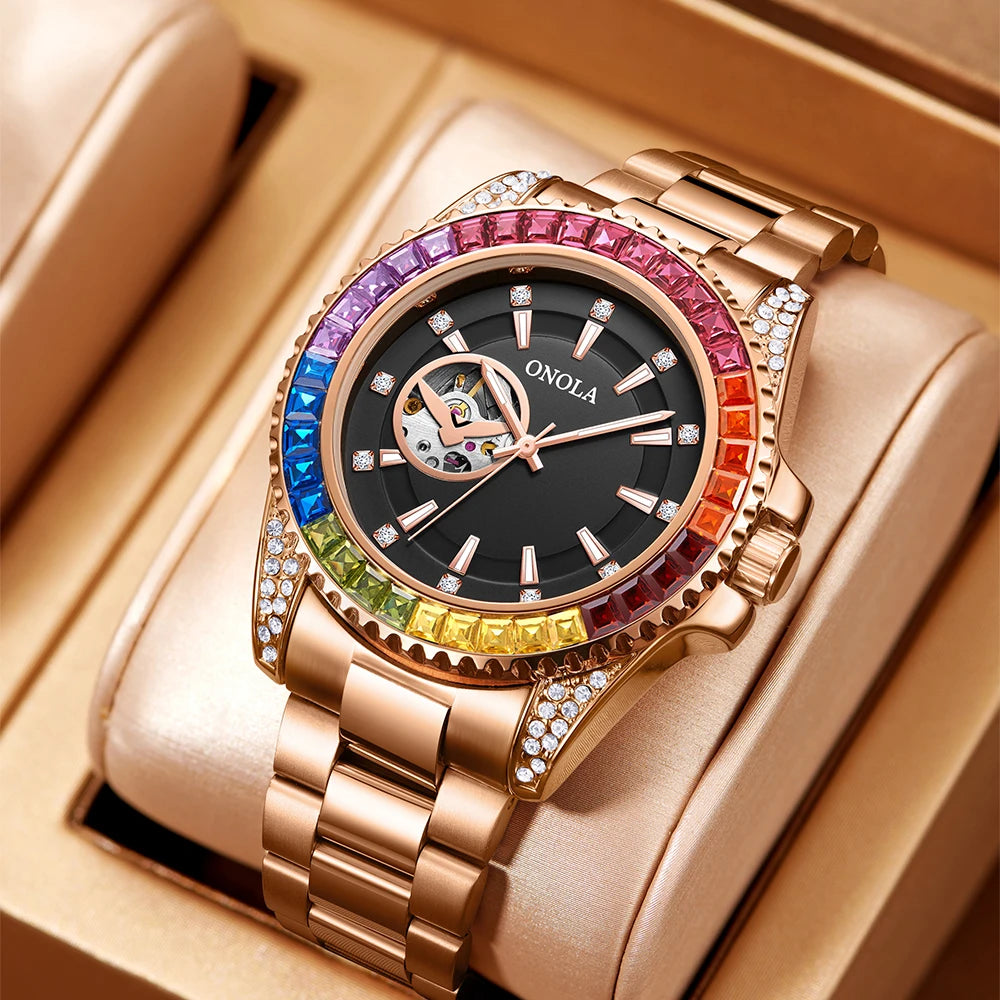 Fashion Colored Diamond Hollowed Out Watch for Men ONOLA Fully Automatic Mechanical Precision Strap for Men's Watch Clock