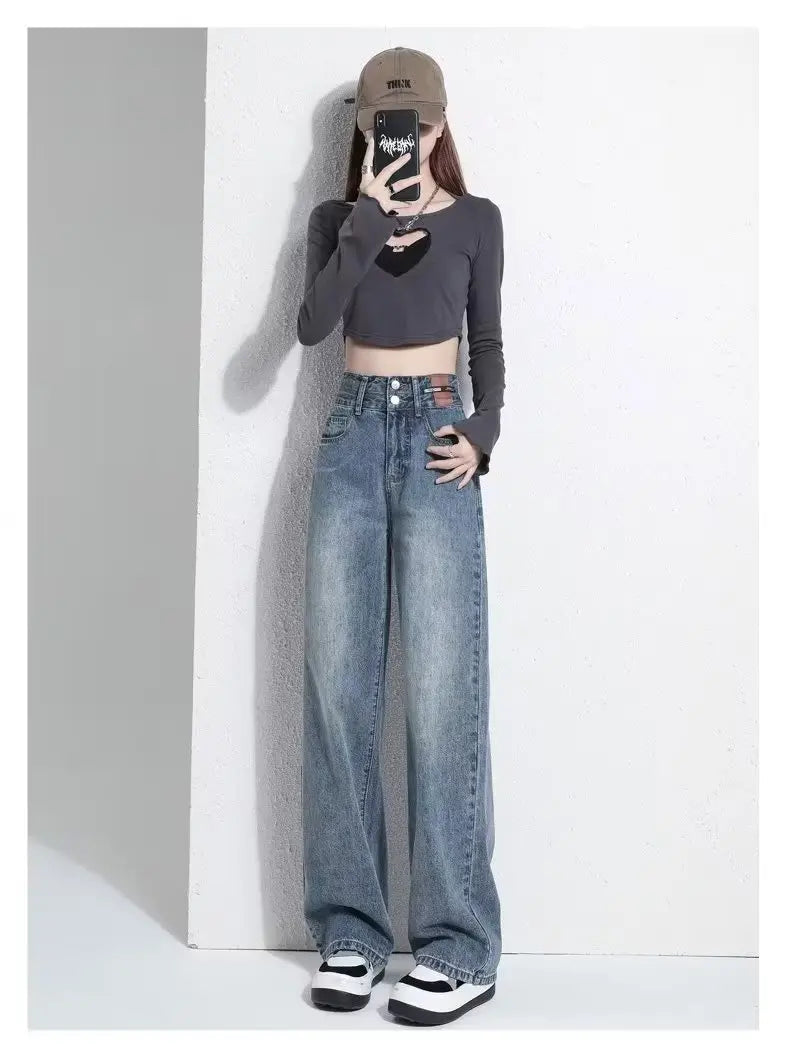 Vintage High-waisted Slimming Jeans Women's Straight-leg Pants Hong Kong Style Bell Bottoms Trendy Gradient Pants For Women