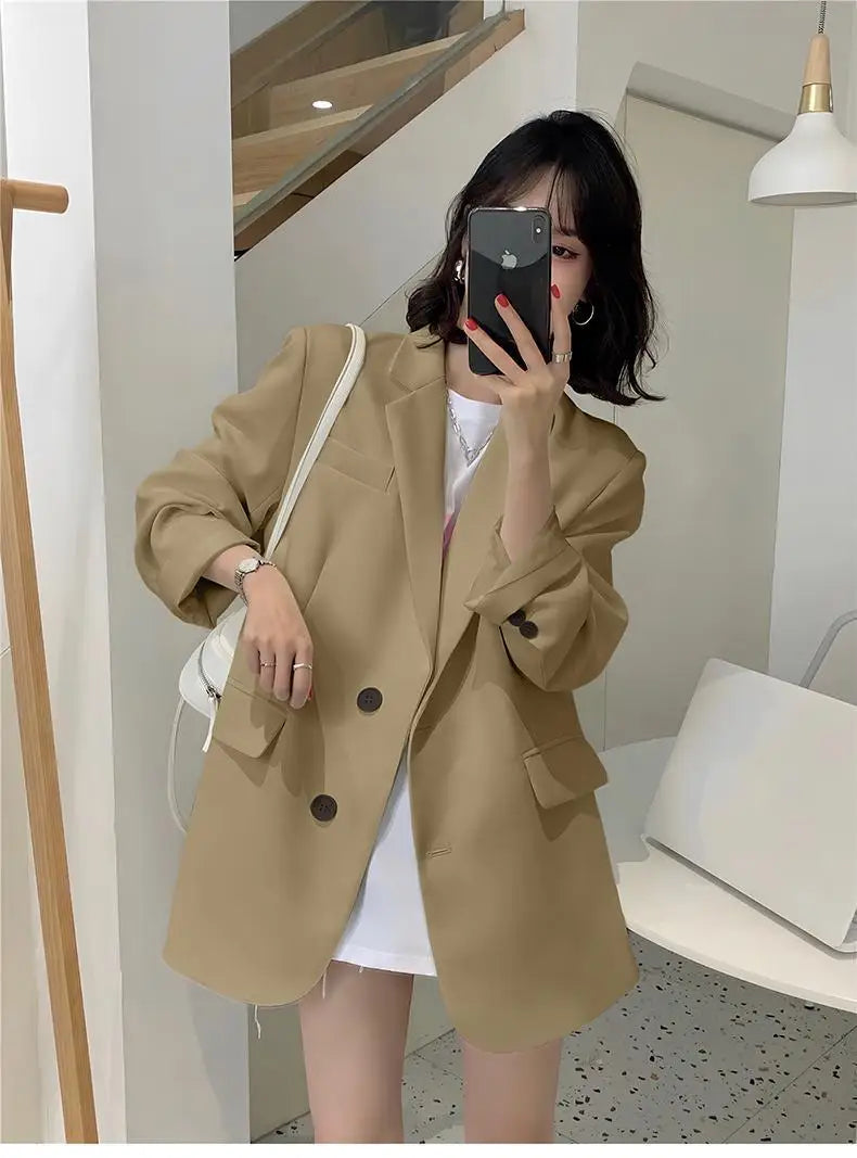 Spring Summerthin Loose Office Lady Fashionable Solid Color Blazers Button Pockets Notched Women's Clothing Long Sleeve Sweet