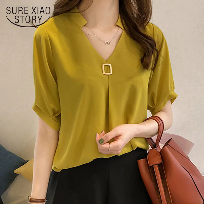 New Spring Fashion Chiffon Women Shirt Blouse Short Sleeve Women's Loose Clothing Loose Bow Neck Women's Tops Blusas D560 50