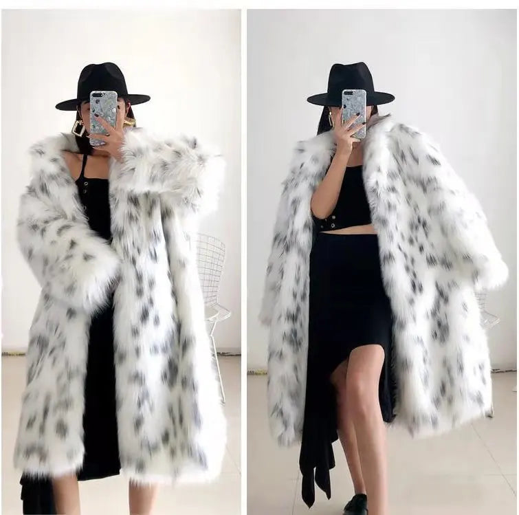 Faux Fox Fur Plus Size Coat  Mid Length Long Sleeve Jacket Casual Loose Cardigan Fur Coat Women White Fleece High Quality Coat