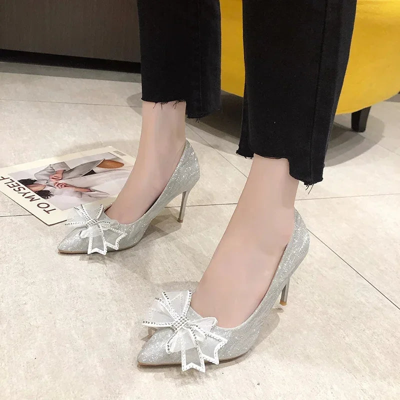 Women's Pumps Cinderella Shoe Rhinestone High Heels Women Pointed Toe Bow-knot Shoe Crystal Party Wedding Shoes Zapatillas Mujer