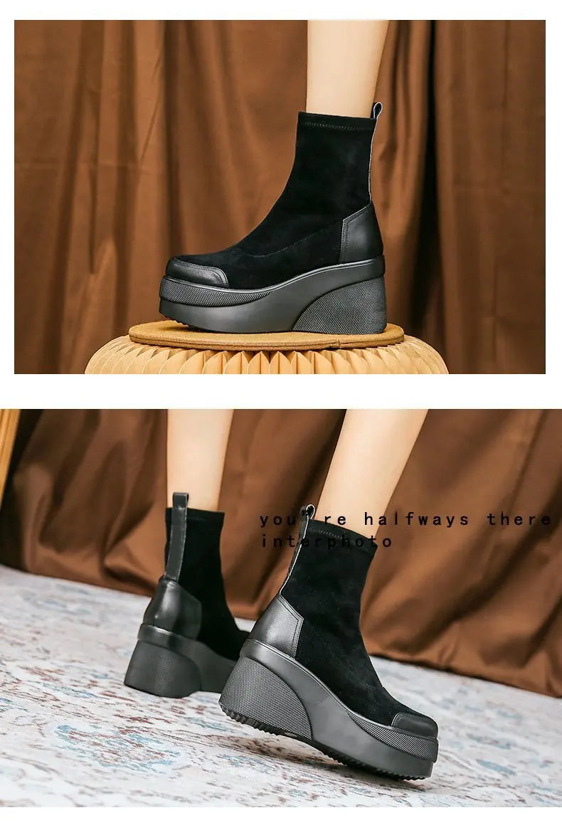 Autumn Increase Platform Short Boots Classic Black Wedges Shoes for Women Fashion Casual Comfy Lady Sneakers Botas Plataforma52