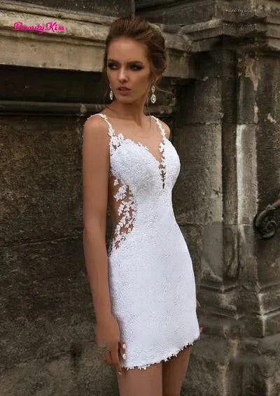 Modern Short Mermaid Wedding Dress with Detachable Train Three Pieces 3 in 1 Lace Applique Sheer Neck Backless Bridal Gowns 2023