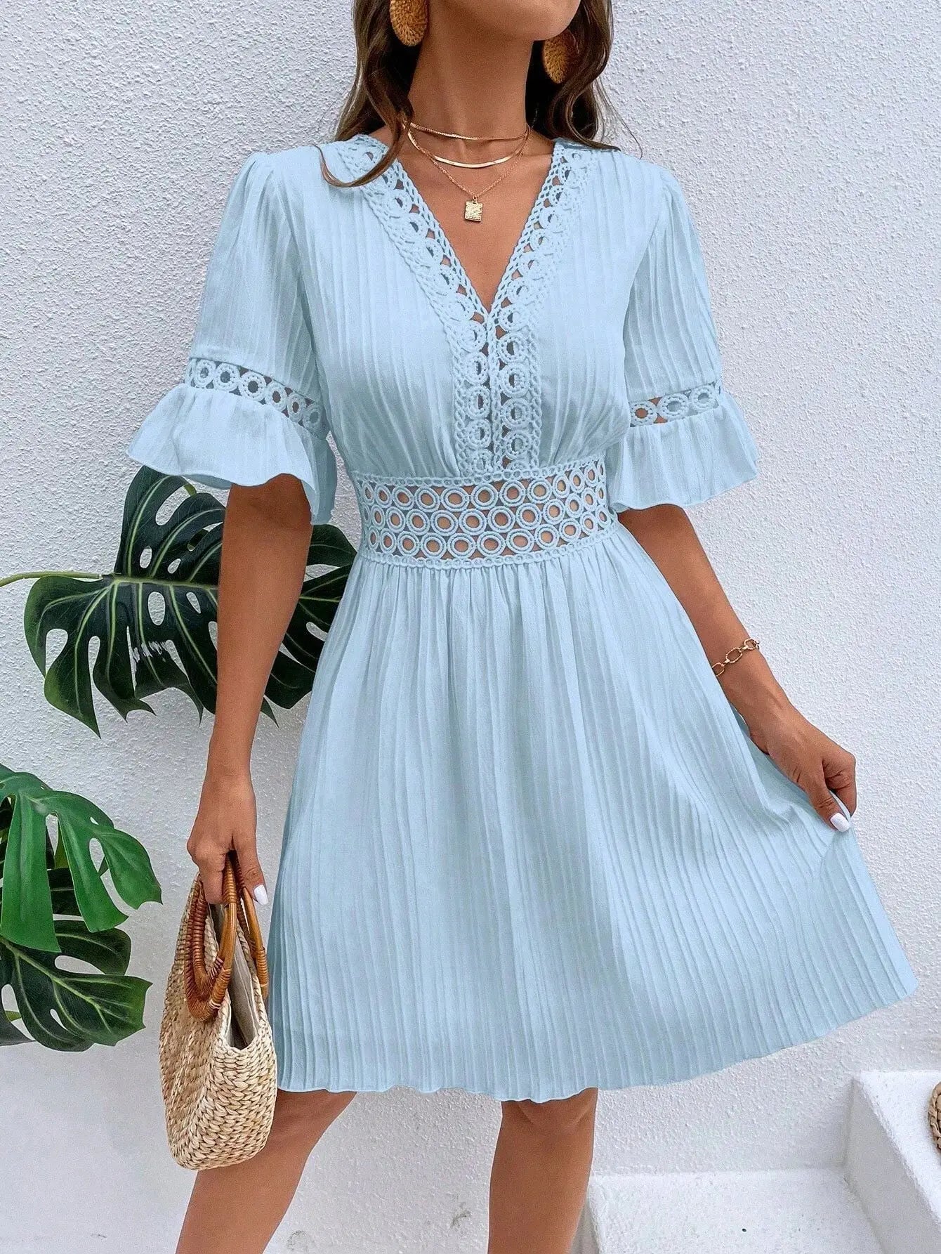 Elegant Women's Midi Dress 2024 Summer New Spliced Lace Fashion V-neck Waistband Solid White Dress Vacation