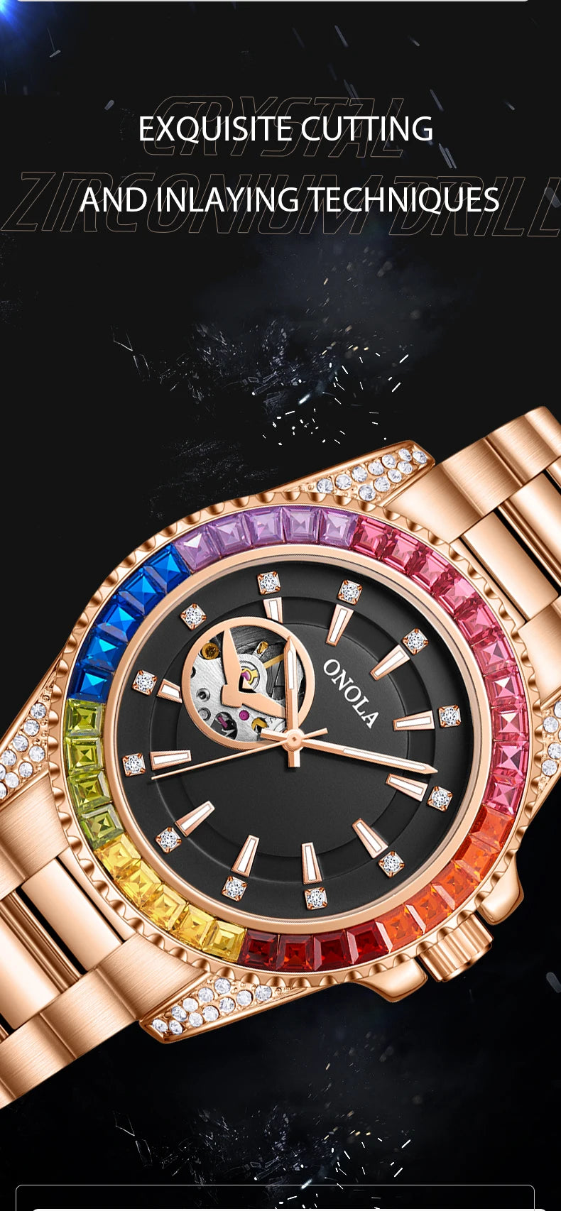 Fashion Colored Diamond Hollowed Out Watch for Men ONOLA Fully Automatic Mechanical Precision Strap for Men's Watch Clock