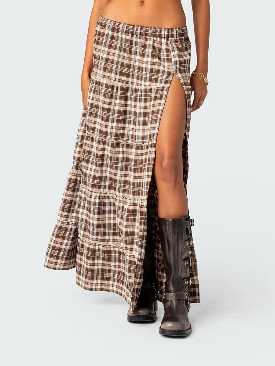 Y2k Vintage Plaid Long Skirts Chic Side High Split Elastic Waist Tiered Midi Skirts Harajuku 2000s Retro Skirts Fairy Grunge